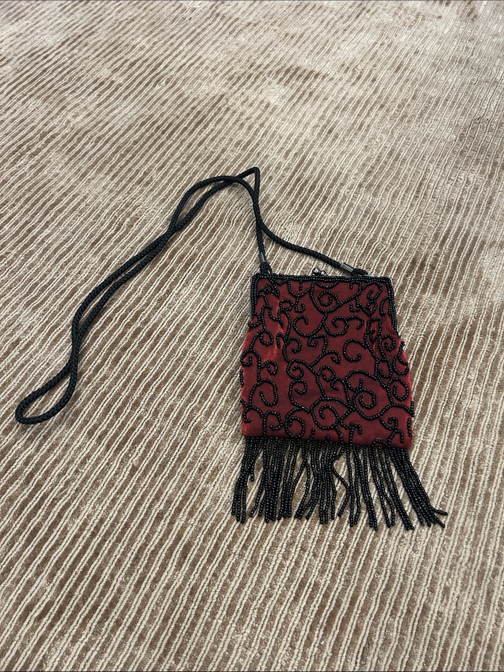Vintage inspired Lancome Burgundy Beaded Fringe Evening Bag flapper coin purse